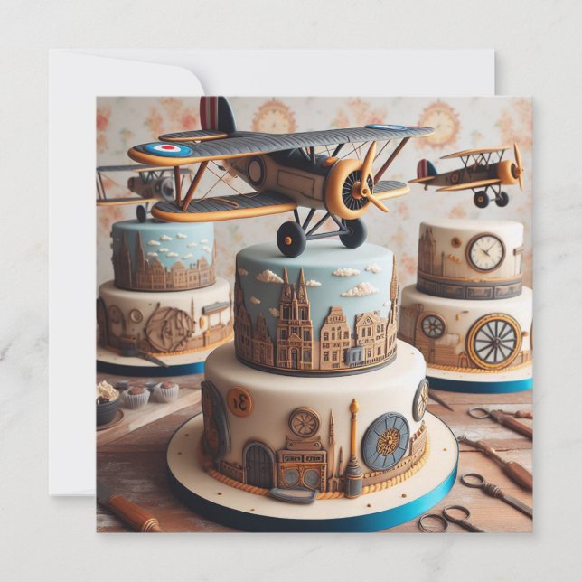 INVITATION RETRO BIPLANE THEMED BANTHDAY CAKE (Devant)