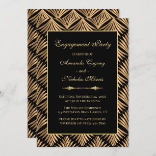Invitation Retro Black Gold Art Déco Gatsby Partie d'engageme