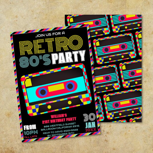 Invitation Retro Black Neon Cassette Tape 80s Anniversaire (Créateur téléchargé)