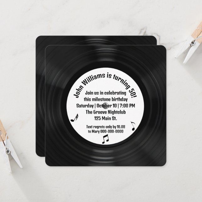 Invitation Retro Black Vinyl LP Record 50e fête d'anniversair (Devant/Arrière en situation)