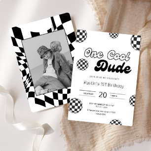 Invitation Retro Black & White À damiers Motif 1er anniversai