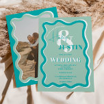 Invitation Retro bleu courbe squiggle ondulée photo mariage<br><div class="desc">Un cool en caractères gras faire-part de mariage avec des noms personnalisés avec une calligraphie manuscrite et une police serif, 2 noms, deux styles avec une courbe bleu rétro squiggle ondulé photo mariage. Tous les textes, noms et couleurs arrière - plans sont personnalisables pour vous permettre de mélanger et de...</div>