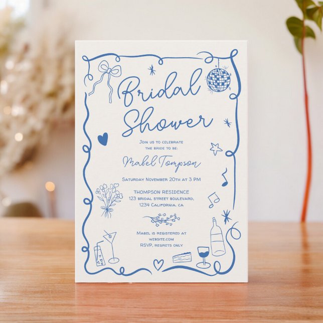 Invitation Retro bleu dessiné à la main (Retro blue hand drawn illustrated bridal shower invitation)