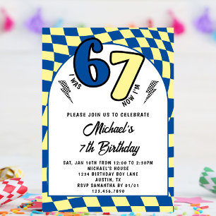 Invitation Rétro Bleu Jaune Carreaux 6 7 Garçon 7ème Annivers