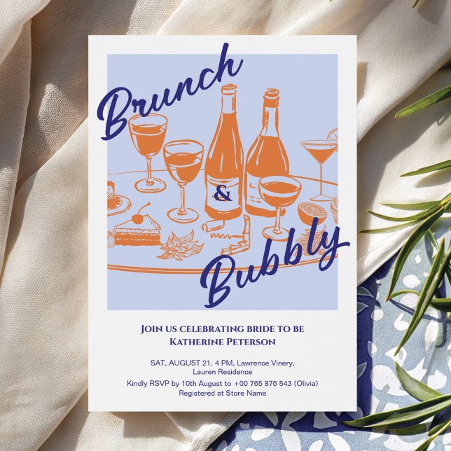 Invitation Retro bleu orange « Brunch & Bubbly » Réception de (Créateur téléchargé)