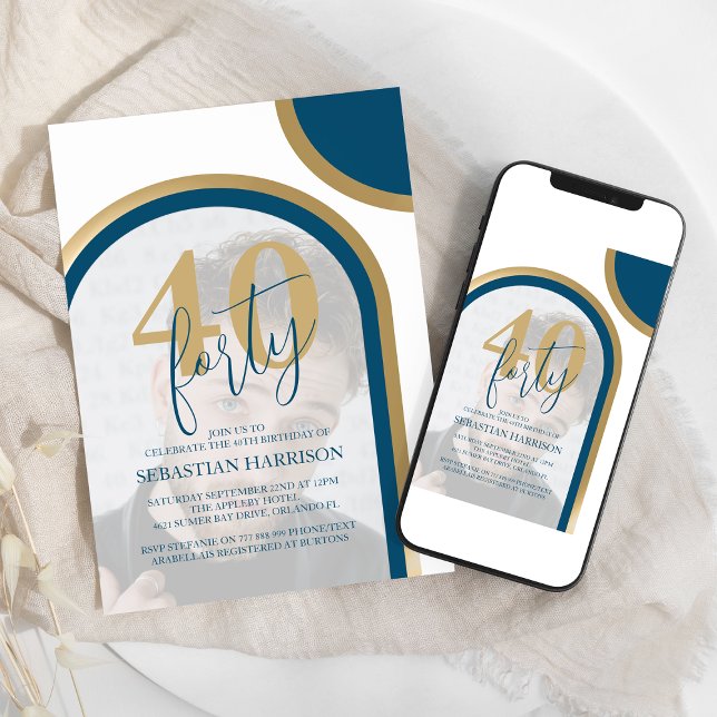 Invitation Retro Blue and Gold 40th Photo Anniversaire (Créateur téléchargé)