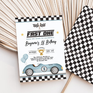 Invitation Retro Blue Fast One Race Car Boy 1er anniversaire
