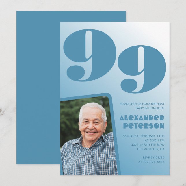 Invitation Retro Blue Gradient Photo 99e anniversaire (Devant / Derrière)