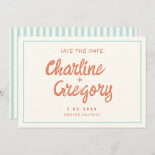 Invitation Rétro Blue Handwriting Wedding Enregistrer la date