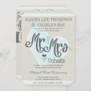 Invitation Retro Blue Mint M. et Mme Mariage de typographie