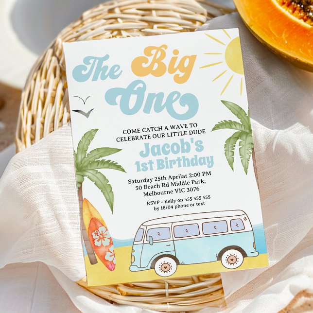 Invitation Retro Blue Orange Surfer The Big One 1er Anniversa (The Big One Surf 1st Birthday Invitation Template, Beach Surf The Big One 1st Birthday Invitation, 
)