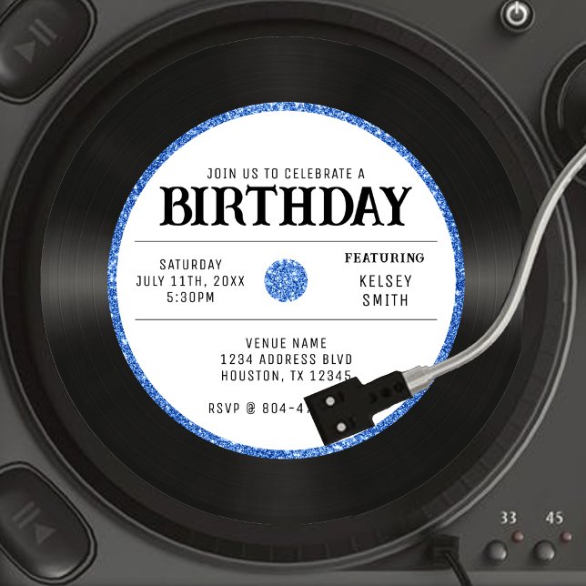 Invitation Retro Blue Parties scintillant Vinyl Record Annive (Retro Blue Glitter Vinyl Record Birthday Party Invitation
)