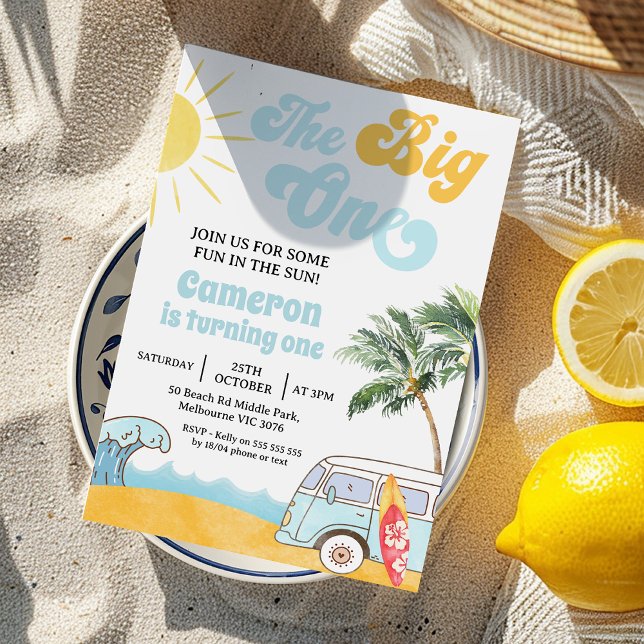 Invitation Retro Blue Van Surfer The Big One 1er Anniversaire (The Big One Invitation Template, Beach Surf The Big One 1st Birthday Invitation, 
Surf 1st Birthday )