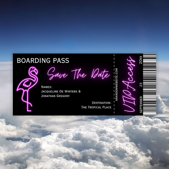 Invitation Retro Boarding Pass Neon Flamant rose Enregistrer  (Créateur téléchargé)