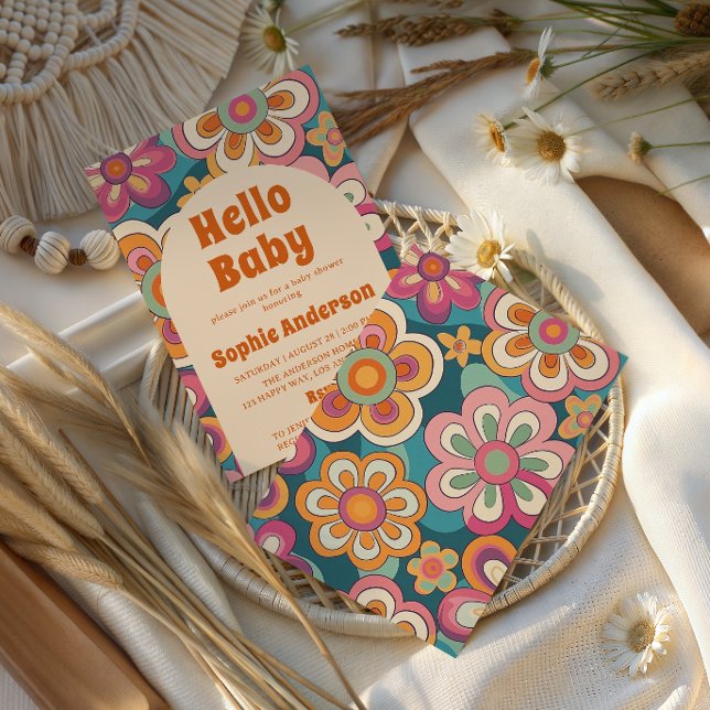 Invitation Retro Boho 70s Groovy Floral Baby Shower    (Créateur téléchargé)