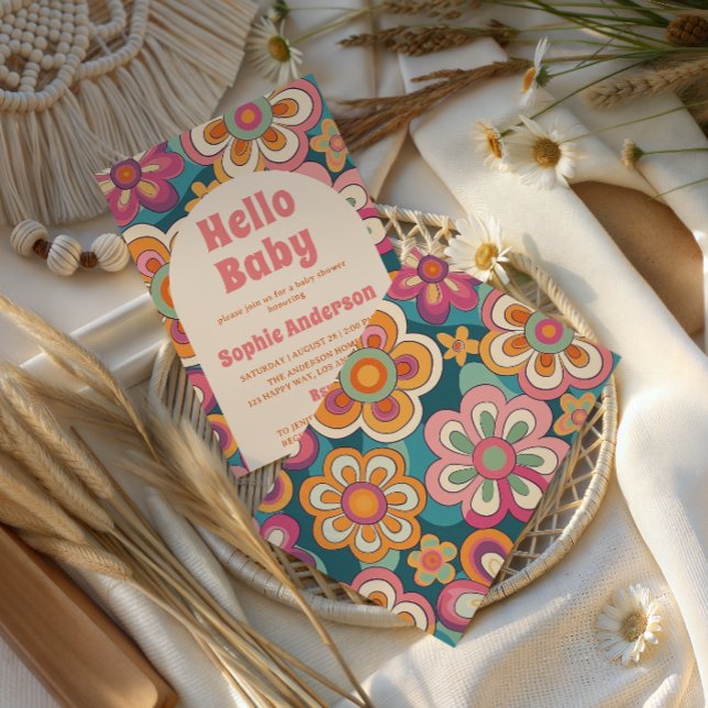 Invitation Retro Boho 70s Groovy Floral Baby Shower    (Créateur téléchargé)