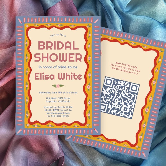 Invitation Retro Boho amusant artisanal CUSTOM QR Fête des ma (Retro Boho Fun Handmade CUSTOM QR Bridal Shower Invitation
)