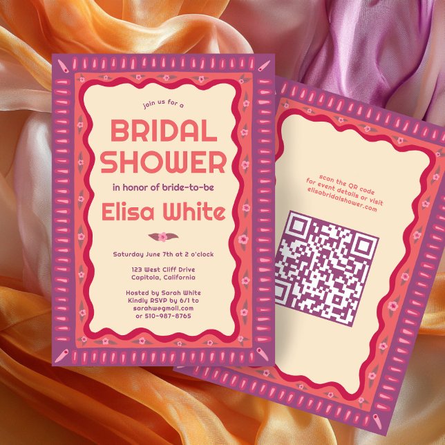 Invitation Retro Boho amusant artisanal CUSTOM QR Fête des ma (Retro Boho Fun Handmade CUSTOM QR Bridal Shower Invitation
)