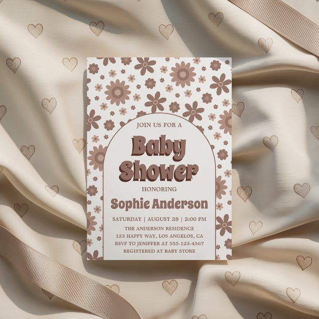 Invitation Retro Boho Brown Arch Daisy Floral Baby Shower (Créateur téléchargé)