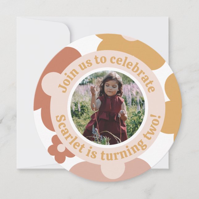 Invitation Retro Boho Daisy Anniversaire Girl Round (Devant)