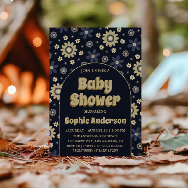Invitation Retro Boho Navy Floral Arch Baby Shower (Créateur téléchargé)