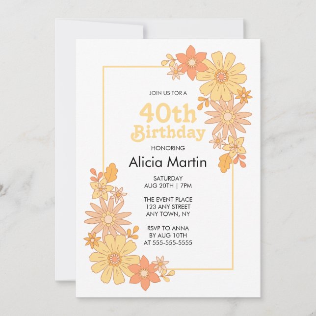 Invitation Retro Boho Orange Peach Flora Super 40e anniversai (Devant)