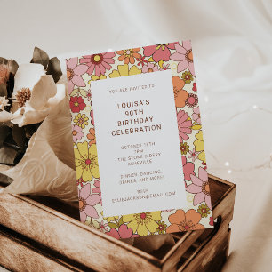 Invitation Retro Boho rose jaune Floral 90e fête d'anniversai