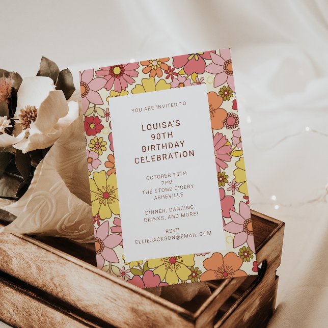Invitation Retro Boho rose jaune Floral 90e fête d'anniversai (Créateur téléchargé)