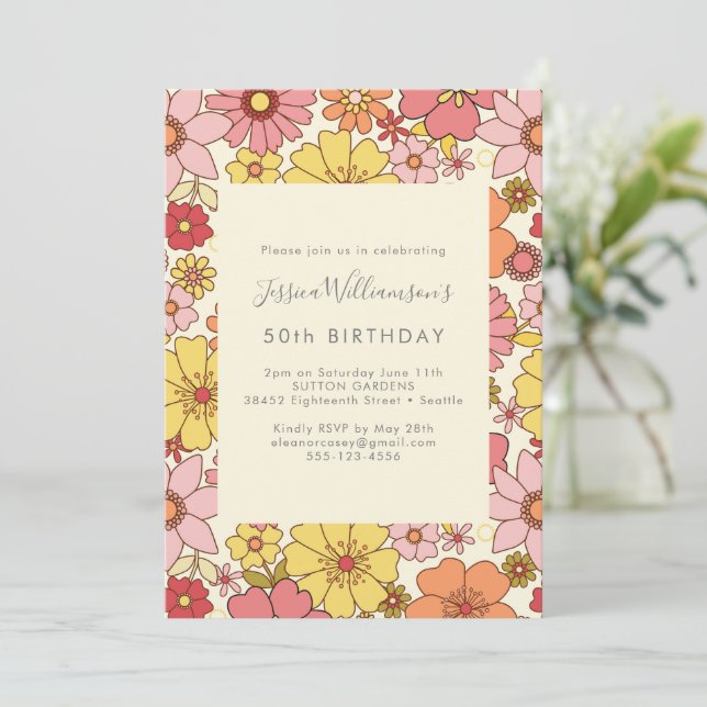 Invitation Rétro Boho Rose Jaune Floral Groovy 50e Anniversai (Debout devant)