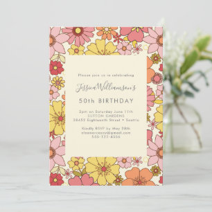 Invitation Rétro Boho Rose Jaune Floral Groovy 50e Anniversai