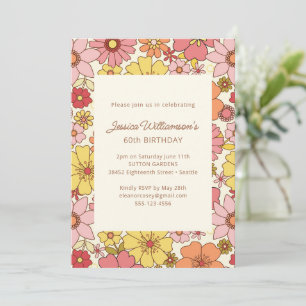 Invitation Rétro Boho Rose Jaune Floral Groovy 60e Anniversai