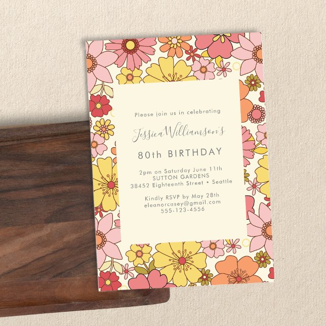 Invitation Rétro Boho Rose Jaune Floral Groovy 80e Anniversai (Créateur téléchargé)
