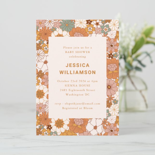Invitation Retro Boho Terracotta Floral Cute Baby shower (Debout devant)