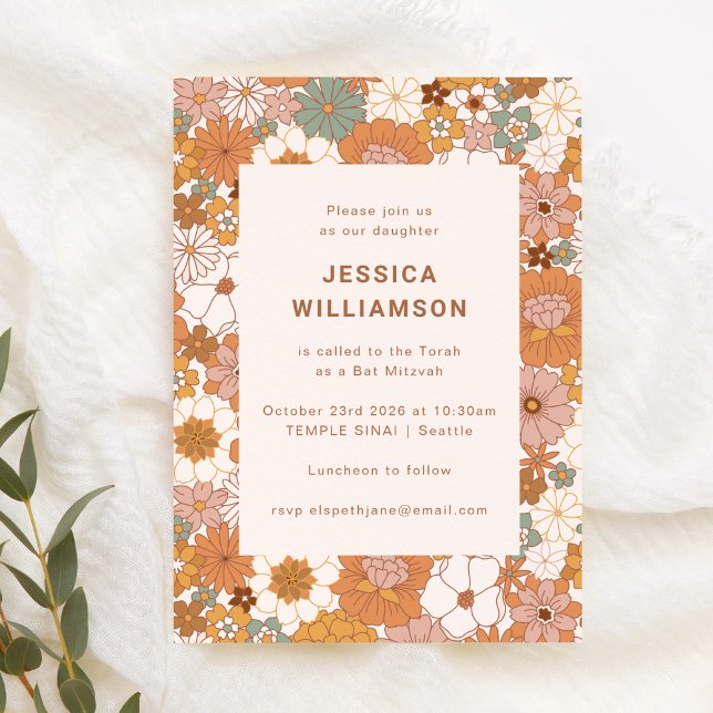 Invitation Rétro Boho Terracotta Floral Mignon Bat Mitzvah  (Créateur téléchargé)
