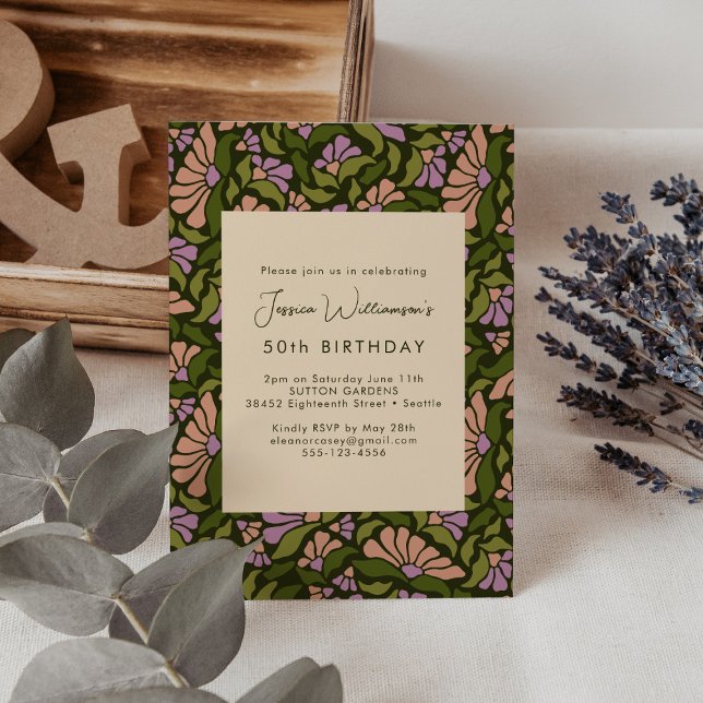Invitation Rétro Boho Vert Botanique Groovy 50e Anniversaire (Créateur téléchargé)