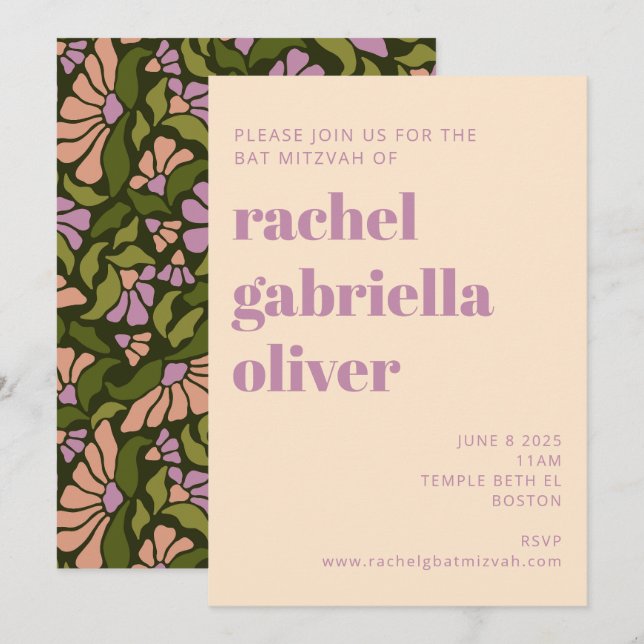 Invitation Retro Boho Vert Botanique Groovy Bat Mitzvah (Devant / Derrière)
