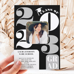 Invitation Retro bold 2023 gray black 5 photos graduation