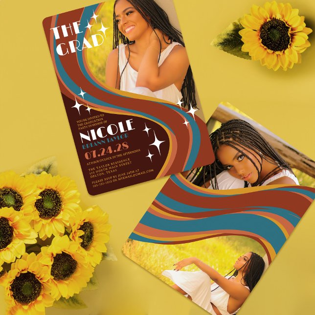 Invitation Retro Bold 70's Rainbow Swirl Graduation Décontrac (Créateur téléchargé)