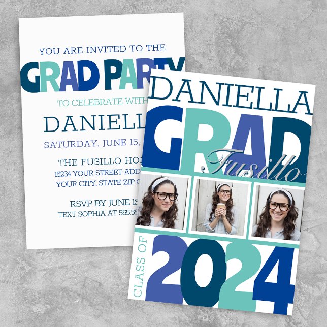 Invitation Retro Bold Over3 Photo Blue Turquoise Grad Party (Modern Teal Aqua Blue Retro Graduation Announcement Grad Party Invitation)