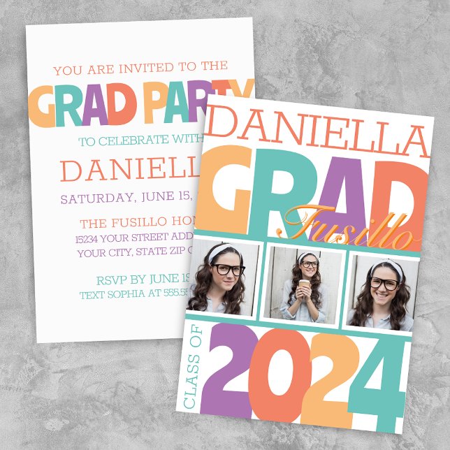 Invitation Retro Bold Oversize 3 Photo Grad Party (Modern Retro Oversized 3 Photo Graduation Announcement Grad Party Invitation)