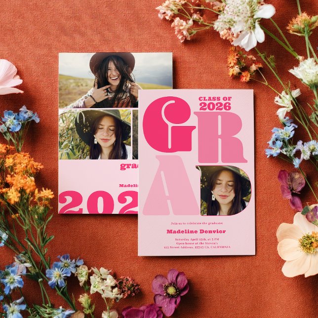 Invitation Retro bold oversized Grad 4 photo 2023 graduation (Retro bold oversized Grad 4 photo 2026 graduation Invitation)