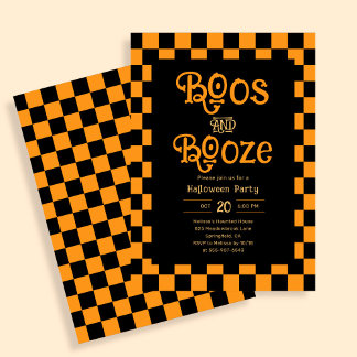 Invitation Retro Boos And Booze Halloween Checkered Orange
