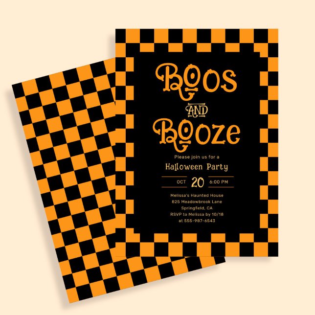 Invitation Retro Boos And Booze Halloween Checkered Orange (Créateur téléchargé)