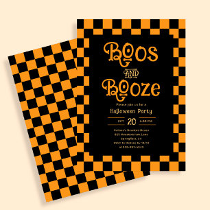 Invitation Retro Boos et Boissons Halloween Carreaux Orange