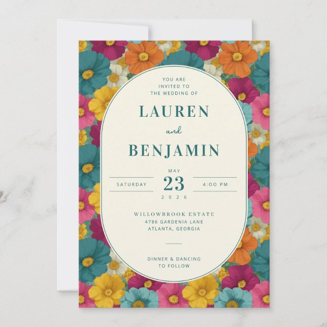 Invitation Retro Botanica and Teal Wedding (Devant)