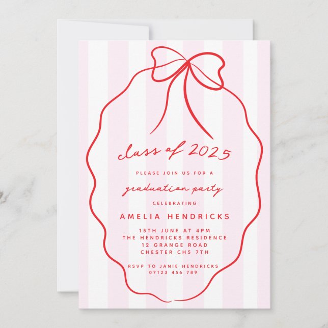 Invitation Retro Bow & Stripes Red Graduation Party Photo (Devant)
