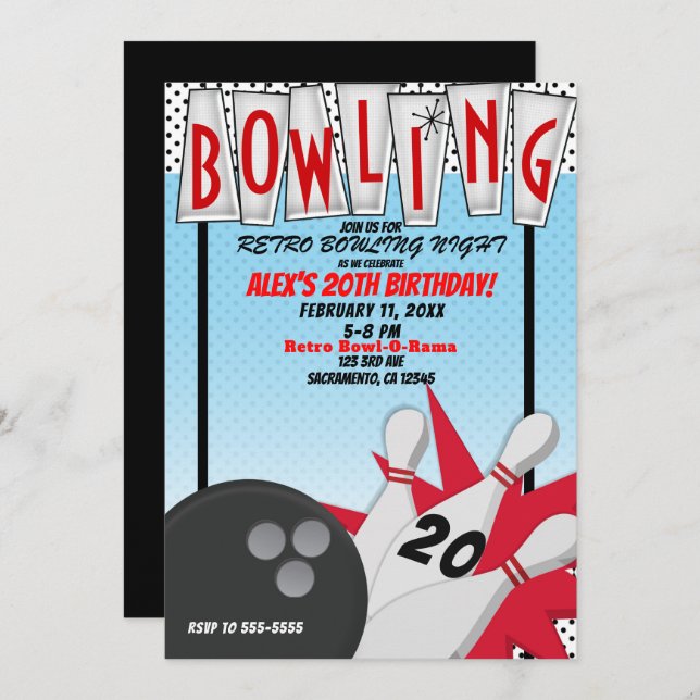 Invitation Retro Bowling Bowl Night Anniversaire (Devant / Derrière)