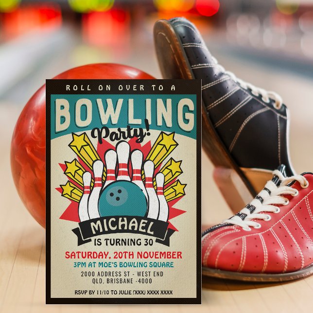 Invitation Retro Bowling fête d'anniversaire (Inspired by retro 60's posters, this fantastic invitation will be right up your alley. )