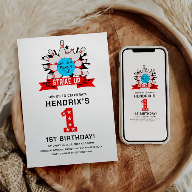 Invitation Retro Bowling Kids 1st Birthday Party (Retro Bowling Kids 1st Birthday Party Invitation)