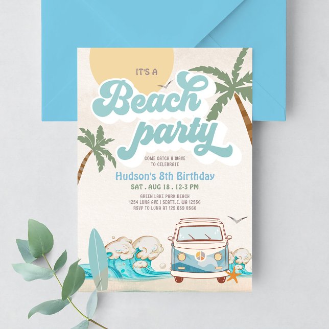 Invitation Retro Boy C'est une fête de plage Surfing Annivers (Créateur téléchargé)